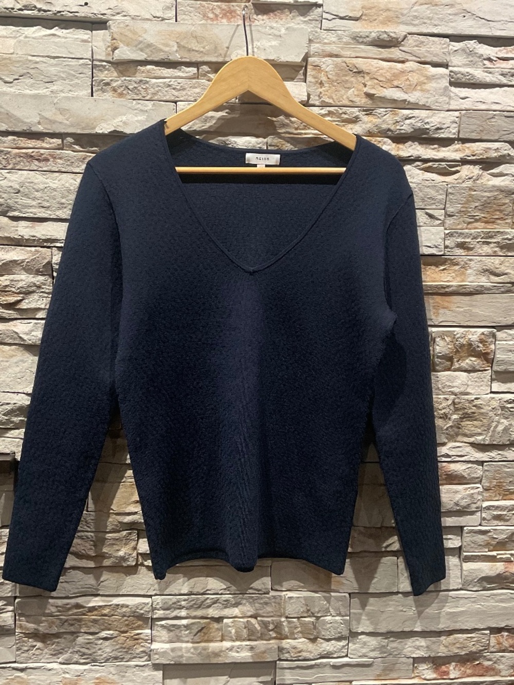 Reiss Women’s V- Neck Geometric Knit Patterned  Sweater , Dark Navy , Size M